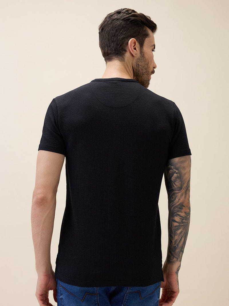 STATUS QUO Textured Henley Neck Regular Fit Black T-shirt - Image 3