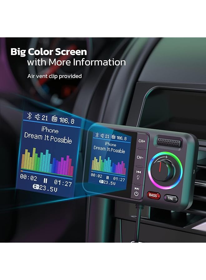 KASTWAVE Bluetooth Fm Transmitter For Car, Wireless Car Bluetooth V5.0 Adapter With Big Color Screen, For Hands-Free Calls, Supports Qc3.0 Charging, Mp3 Music Player Bass&Tre Booster, Tf Card Aux-Km28 - Image 2