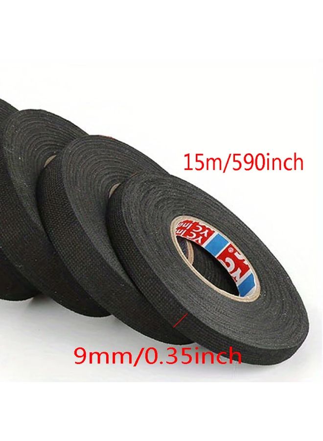 Black 9mm Heat Resistant Adhesive Cloth Fabric Tape 15M for Automotive Wiring - Image 1