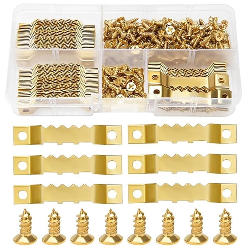 Evona Sawtooth Picture Frame Hangers Screws 100 Pieces Photo Frame Hooks Double Hole Saw Tooth Frame Hangers with 200 Pieces of Screws for Frame Decoration Frame Hanger Accessories - Image 1