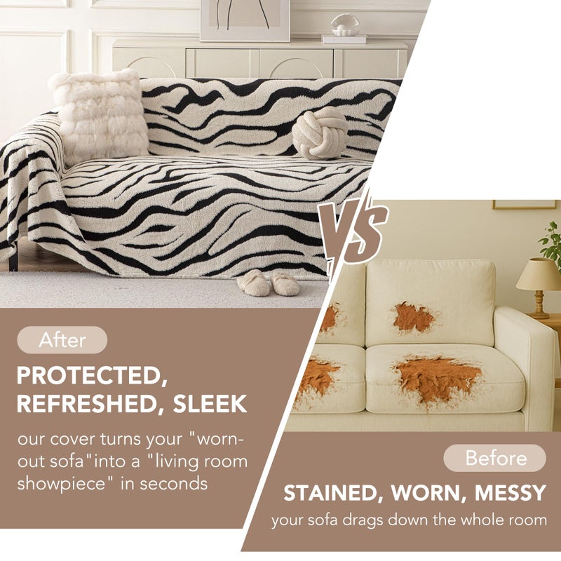 KaviKon Non Slip Couch Covers for 3 Cushion, Scratch Resistant Pet Friendly Sofa Couch Covers for Dogs, Sherpa Velvet Protectors Slipcovers, Washable Furniture Covers, 71" x 118", Zebra Wave White - Image 4