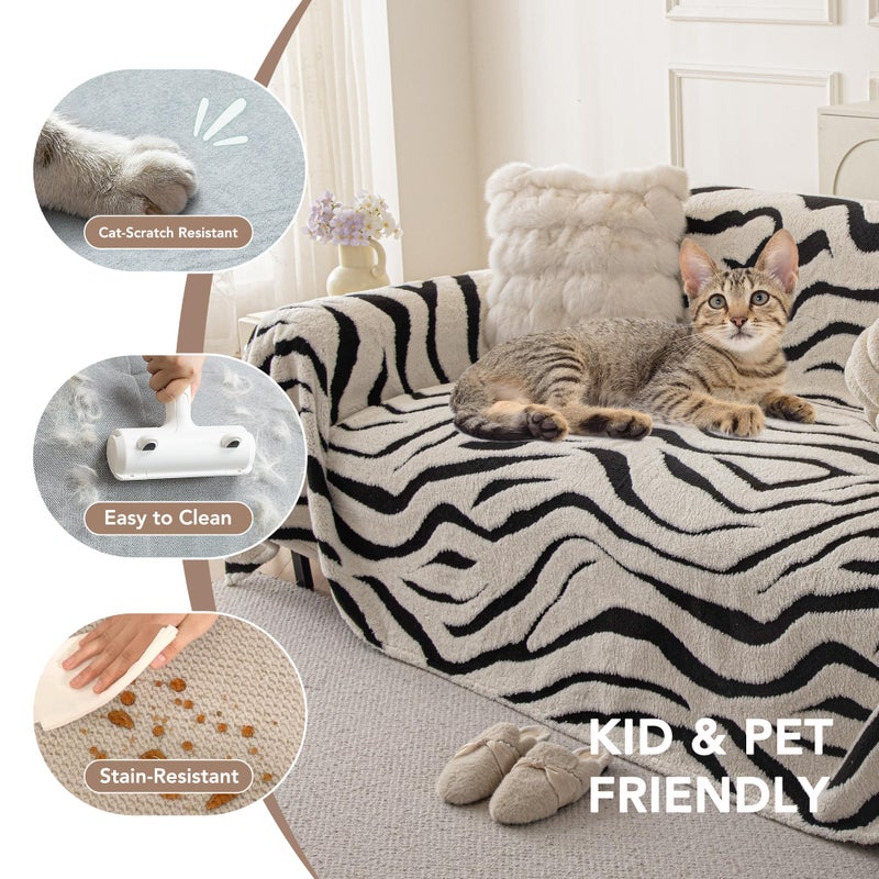 KaviKon Non Slip Couch Covers for 3 Cushion, Scratch Resistant Pet Friendly Sofa Couch Covers for Dogs, Sherpa Velvet Protectors Slipcovers, Washable Furniture Covers, 71" x 118", Zebra Wave White - Image 3