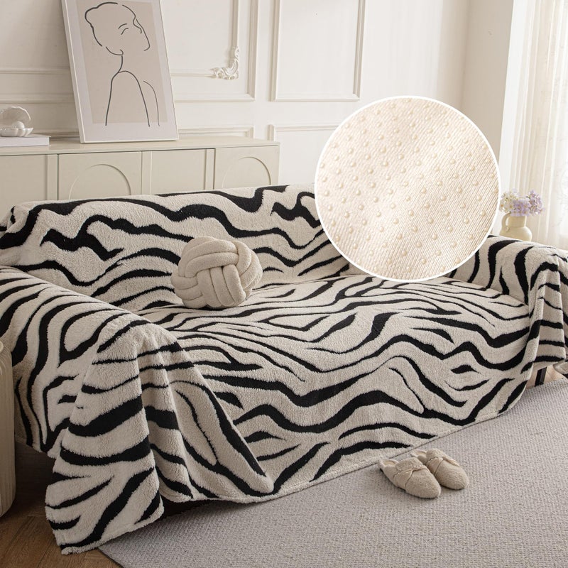 KaviKon Non Slip Couch Covers for 3 Cushion, Scratch Resistant Pet Friendly Sofa Couch Covers for Dogs, Sherpa Velvet Protectors Slipcovers, Washable Furniture Covers, 71" x 118", Zebra Wave White - Image 1