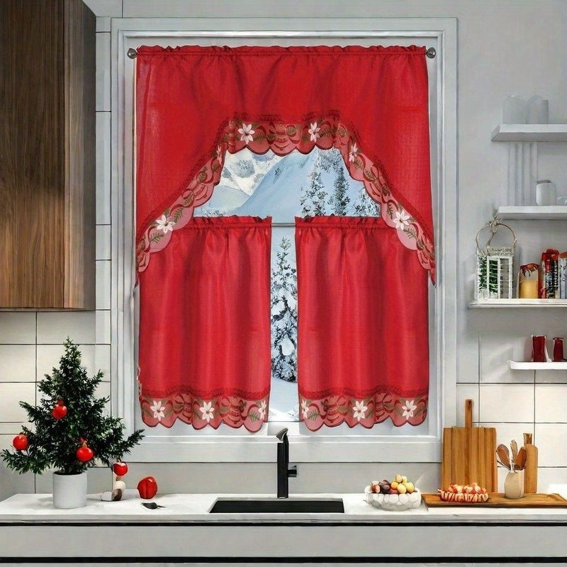 White 3 Piece Christmas Kitchen Curtain Set Embroidered Lace Stars Light Filtering Rod Pocket - Image 3