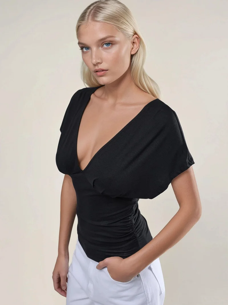 HICCUP Ruched V-Neck T-Shirt