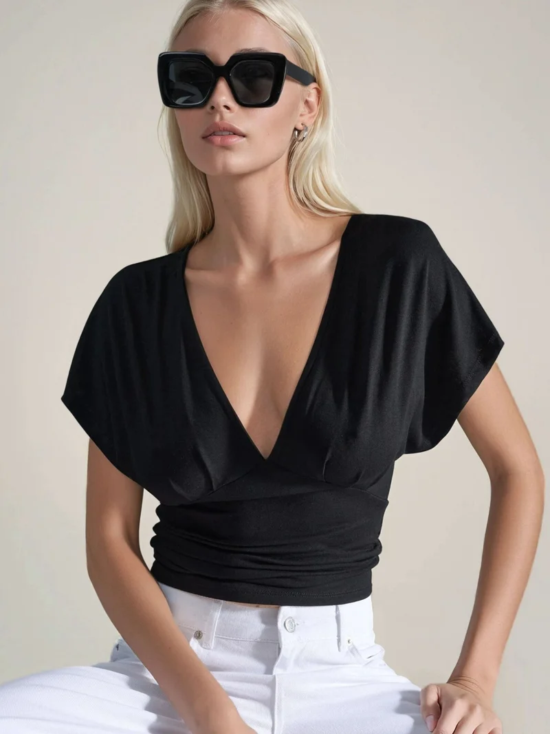 HICCUP Ruched V-Neck T-Shirt