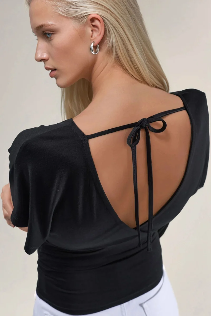 Hiccup Black Ruched V-Neck T-Shirt for Women | Best Price UAE