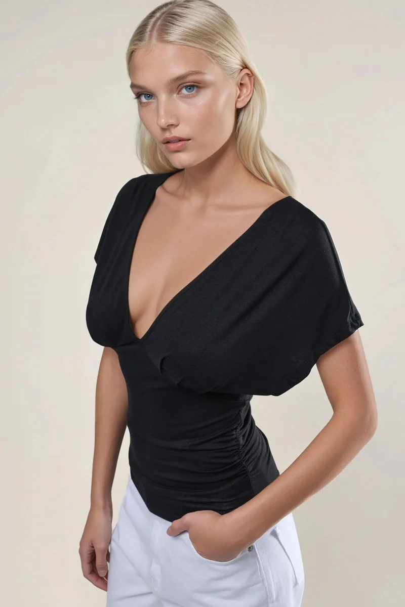 Hiccup Black Ruched V-Neck T-Shirt for Women | Best Price UAE