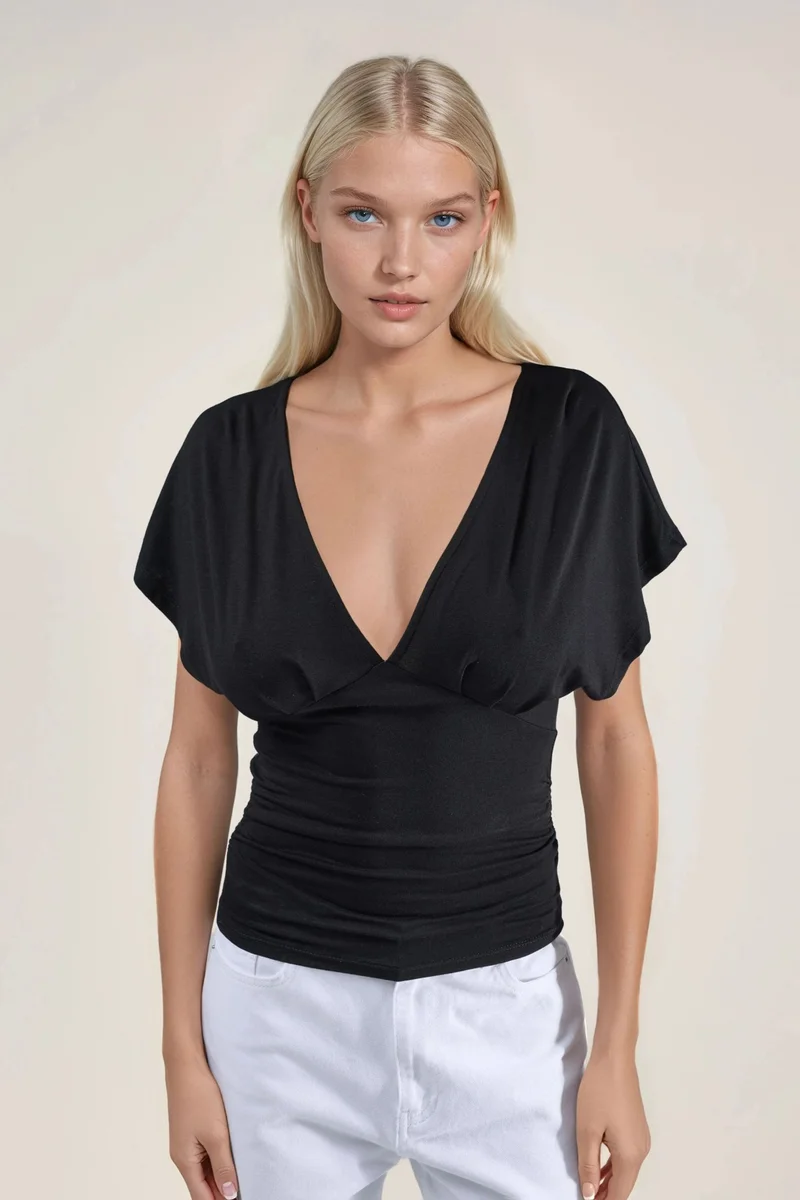 Hiccup Black Ruched V-Neck T-Shirt for Women | Best Price UAE
