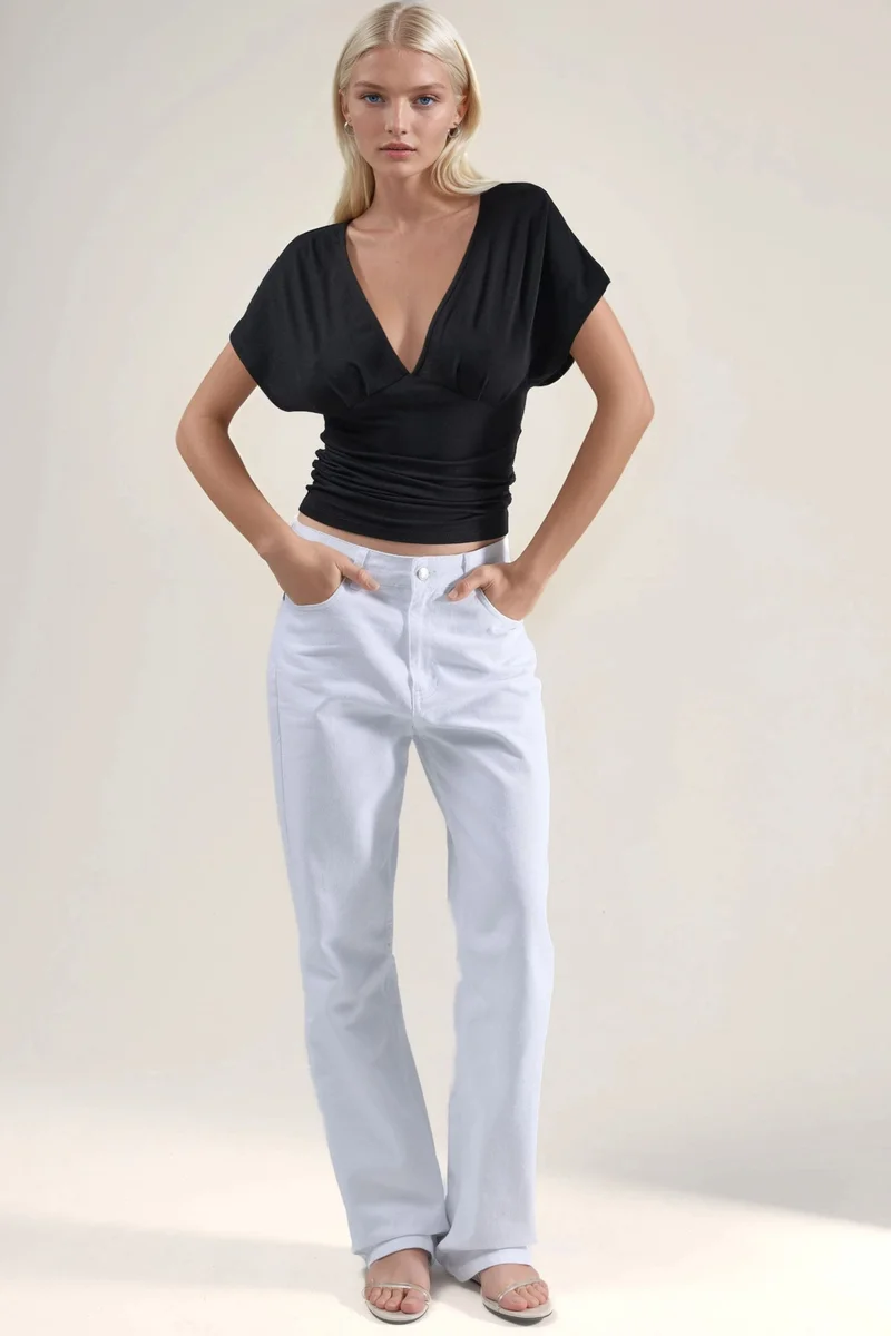 Hiccup Black Ruched V-Neck T-Shirt for Women | Best Price UAE