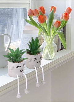 HomarKet Artificial Succulents Set, 2 Pack Mini Fake Plants,Cute Artificial Potted Plant in Cement Pots with Hanging Leg for Home and Office Decor  - Image 5
