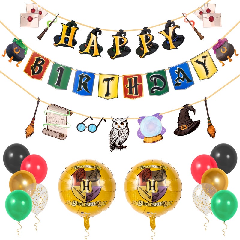 Pirese Wizard Birthday Decorations, Magical Happy Birthday Banner with Balloons, Pre-Strung Party Supplies, Gold Confetti Balloons & Unique Pirese Foil Balloon, Magical Decor for Kids & Adults - Image 1
