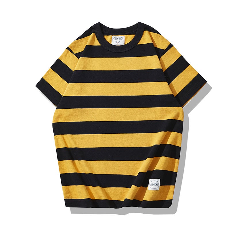 Generic OKONKWO new American retro Kaji T-shirt heavy prisoner motorcycle mens short sleeve thick large striped T-shirt 9132 yellow and black stripes 