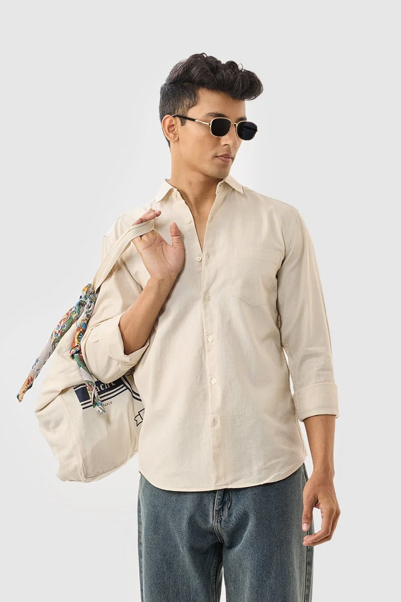 سنيتش Beige Solid Long Sleeve Slim Fit Shirt