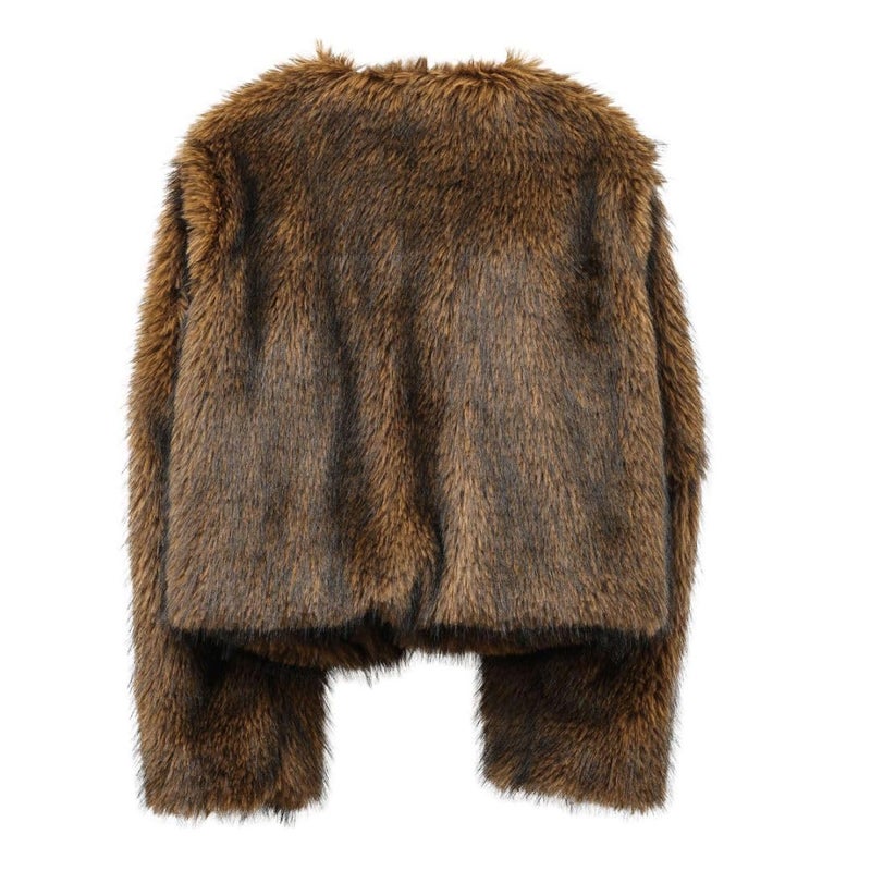 Amazhiyu Women's Faux Fur Long Sleeve Open-front Winter Cropped Coat with Pockets Khaki, Small - Image 3