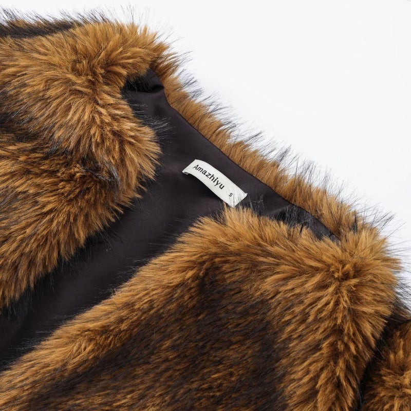 Amazhiyu Women's Faux Fur Long Sleeve Open-front Winter Cropped Coat with Pockets Khaki, Small - Image 4