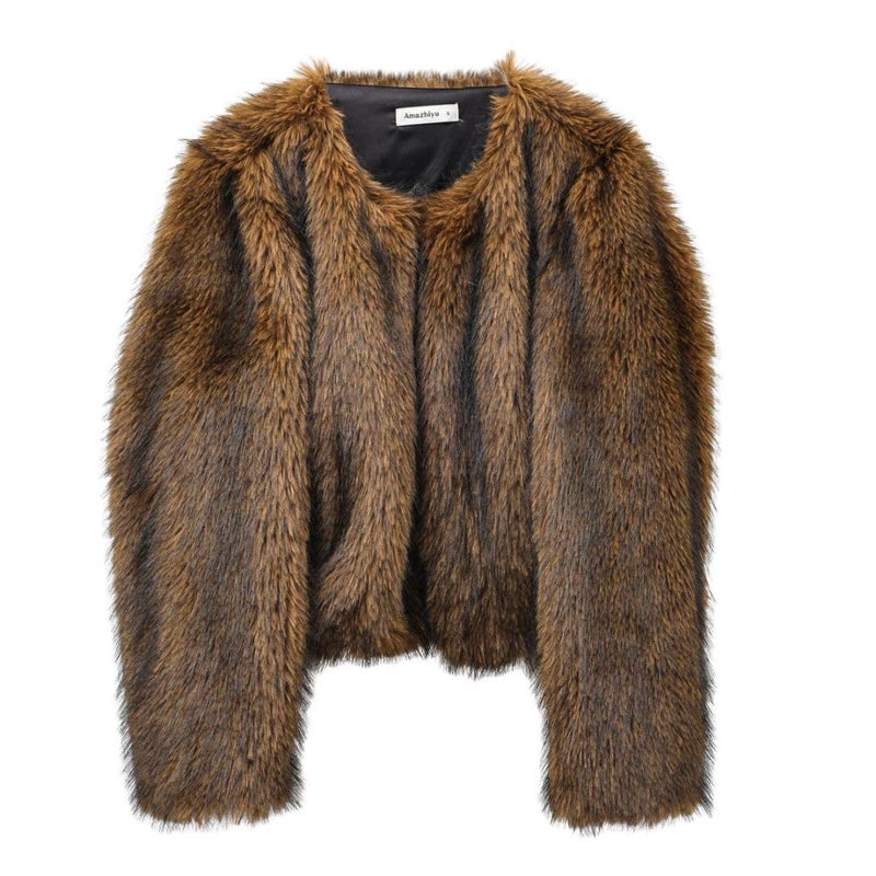 Amazhiyu Women's Faux Fur Long Sleeve Open-front Winter Cropped Coat with Pockets Khaki, Small - Image 1
