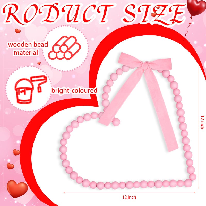 Demonwer 12 Inch Valentines Wreath Decorations Pink Wooden Bead Heart Wreath with Bow Farmhouse Rustic Beads Garland for Valentines Wedding Anniversary Party Decor (Pink) - Image 2