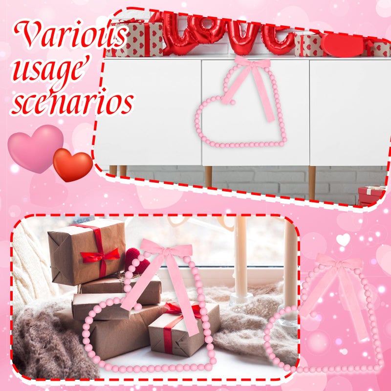 Demonwer 12 Inch Valentines Wreath Decorations Pink Wooden Bead Heart Wreath with Bow Farmhouse Rustic Beads Garland for Valentines Wedding Anniversary Party Decor (Pink) - Image 4