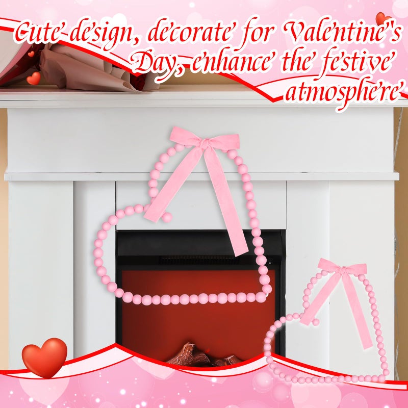Demonwer 12 Inch Valentines Wreath Decorations Pink Wooden Bead Heart Wreath with Bow Farmhouse Rustic Beads Garland for Valentines Wedding Anniversary Party Decor (Pink) - Image 5