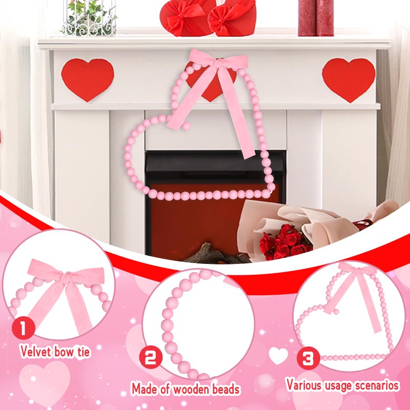 Demonwer 12 Inch Valentines Wreath Decorations Pink Wooden Bead Heart Wreath with Bow Farmhouse Rustic Beads Garland for Valentines Wedding Anniversary Party Decor (Pink) - Image 3