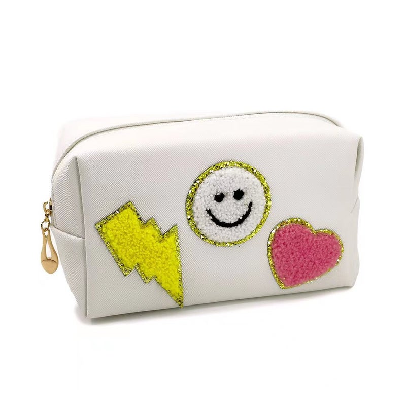 New Smiley Embroidered Towel Makeup Bag for WomenLightning Smile White Lightning Smile White