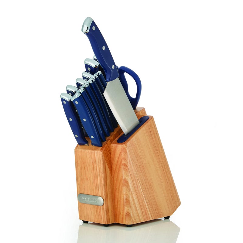 Farberware Edgekeeper Triple Riveted Slim Knife Block Set with Built in Sharpener, 14-Piece, Navy - Image 2