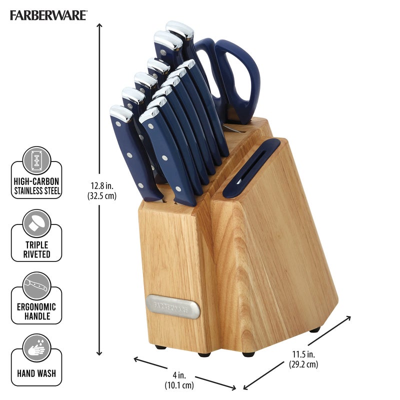 Farberware Edgekeeper Triple Riveted Slim Knife Block Set with Built in Sharpener, 14-Piece, Navy - Image 5