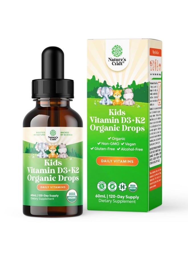Natures Craft Kids Vitamin D3 K2 Drops - Organic Vitamin D for Kids for Strong Bones & Joints - Infants, Babies & Toddler Immune Support Drops Liquid Supplement - 60 ml Bottle - Image 1