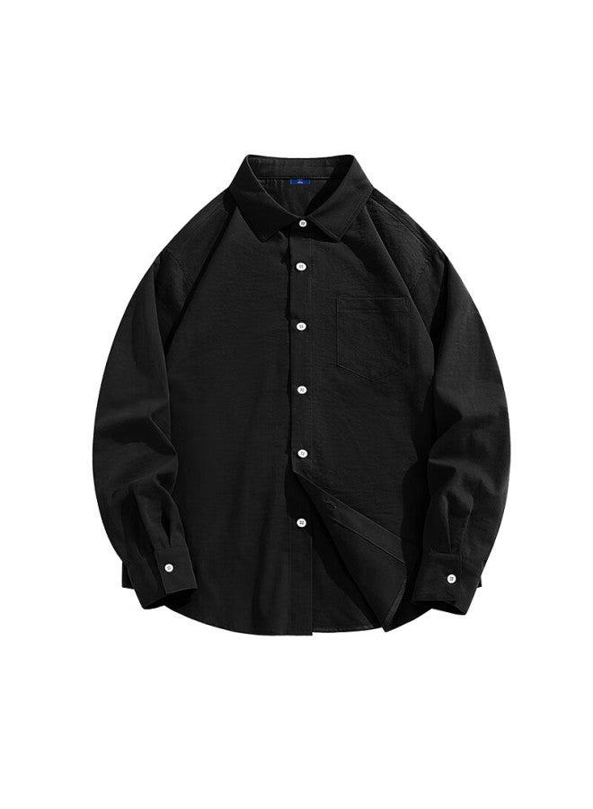 Geniolamode Men's Long Sleeve Shirt Autumn Casual Simple Lapel Solid Color Versatile Shirt Black M - Image 1