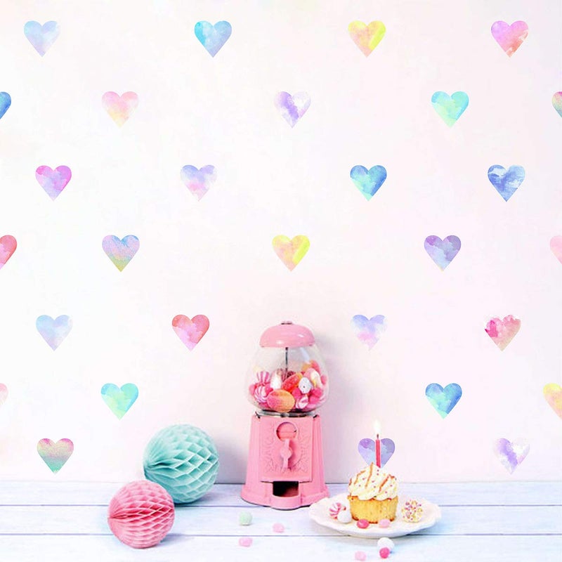 Easu Colorful Heart Wall Decals Watercolor Hearts Wall Stickers Heart Wall Decals for Girls Bedroom Nursery Kids Room Decor - Image 1