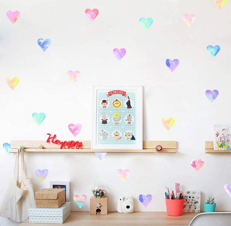 Easu Colorful Heart Wall Decals Watercolor Hearts Wall Stickers Heart Wall Decals for Girls Bedroom Nursery Kids Room Decor - Image 2