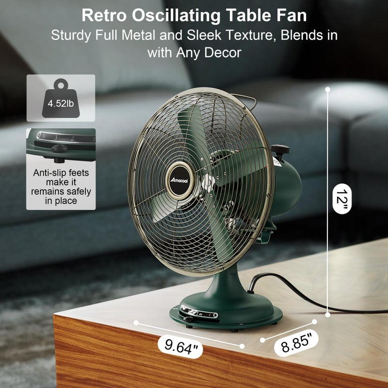 AMACOOL Oscillating Vintage Fan, All Metal Retro Table Top Fan, Adjustable Head Tilt, Quiet 3 Speeds Plug-In Desk Fan for Bedroom Home Office & Kitchen - Image 5