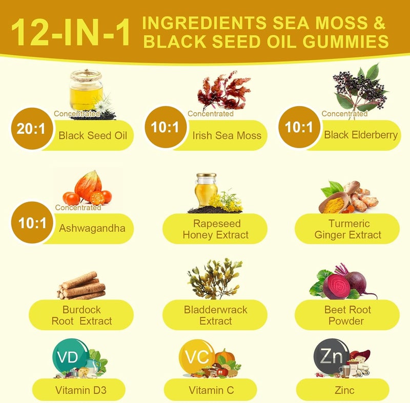 B BEWORTHS زيت الحبة السوداء حلوى الطحالب البحرية العضوية حلوى الطحالب البحرية الأيرلندية مع الأشواغاندا زيت الحبة السوداء البلسان الكركم فيتامين D3C والزنك دعم المفاصل والهضم والشعر والبشرة - Image 3