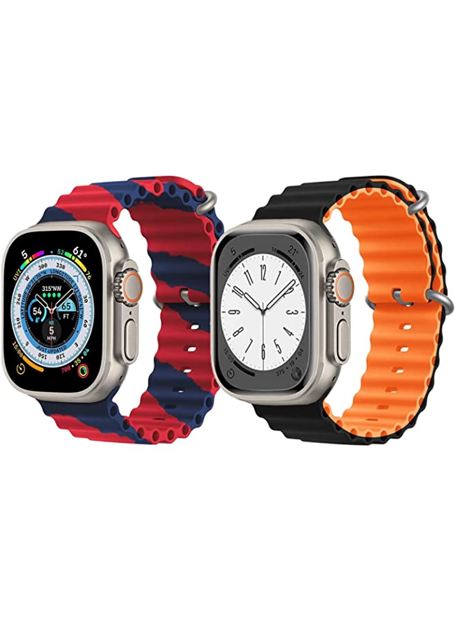 IAF Silicone Ocean Band Strap for Apple Watch Ultra 8 49mm Red/Blue Double Line Strap with Black/Orange Double Side Strap Set of 2