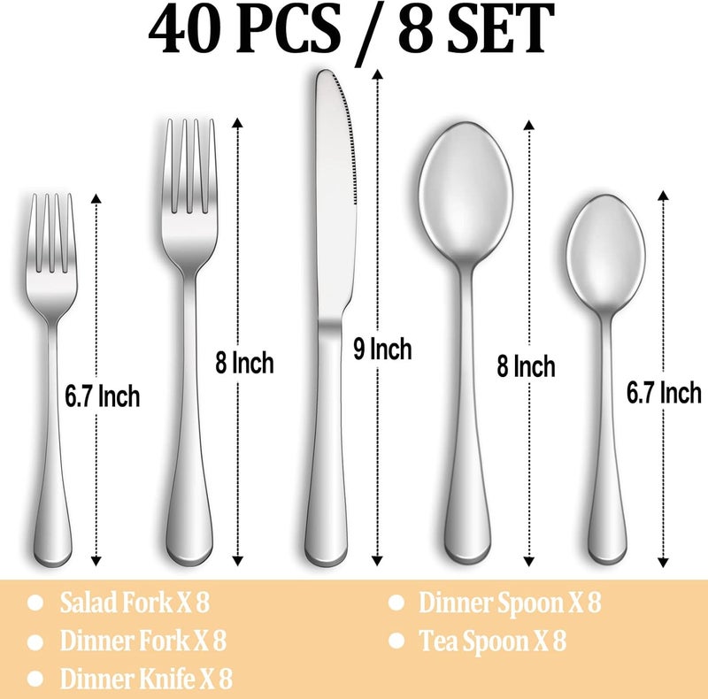 MUTNITT 40 Piece Silverware Set Service for 8,Premium Stainless Steel Flatware Set,Mirror Polished Cutlery Utensil Set,Durable Home Kitchen Eating Tableware Set,Include Fork Knife Spoon Set,Dishwasher Safe - Image 2