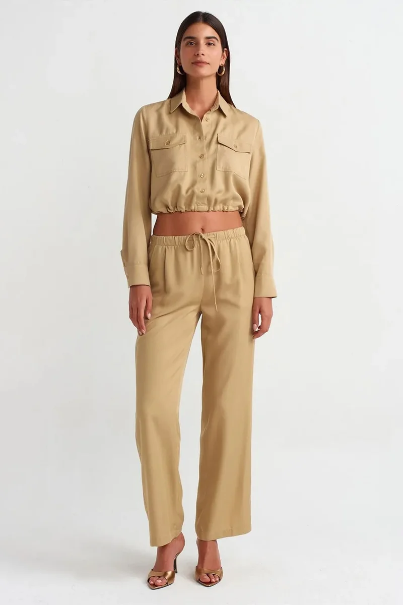 Dilvin Camel Brown DILVIN Tencel Crop Shirt Blouse for Women | Best Price UAE