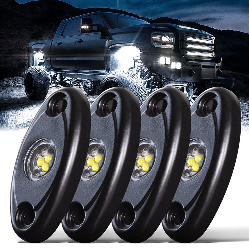 LEDMIRCY R1 Pure White LED Rock Lights 4PCS for Off Road Truck Auto Car Boat ATV SUV Waterproof High Power Neon Trail Lights Underglow Light Interior Exterior Shockproof4PCS White