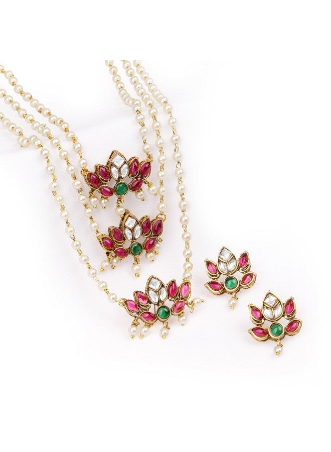 Rubans Rubans 22K Gold Plated Pearl Beaded Ruby Emerald Studded Lotus Motif Jewelry Set For Women  - Image 1