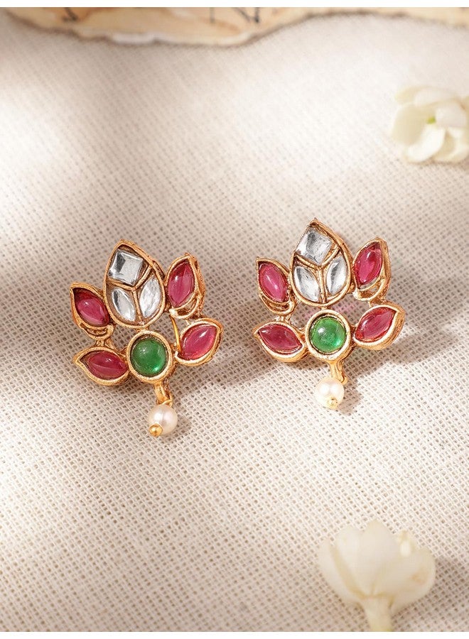 Rubans Rubans 22K Gold Plated Pearl Beaded Ruby Emerald Studded Lotus Motif Jewelry Set For Women  - Image 3