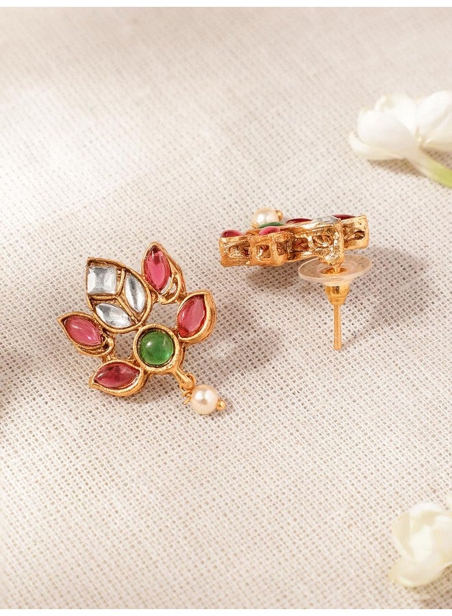 Rubans Rubans 22K Gold Plated Pearl Beaded Ruby Emerald Studded Lotus Motif Jewelry Set For Women  - Image 2