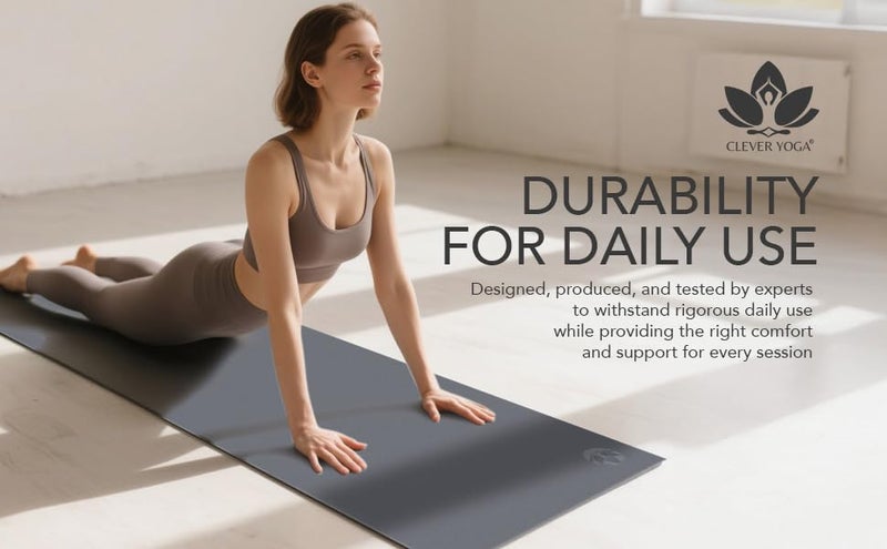 Clever Yoga 7-Piece Yoga Kit for Women & Men - 6mm Cushioned Non-Slip Mat, 2 Foam Blocks, 8ft Strap, Microfiber Mat & Hand Towels, Carrying Bag, Starter Set for Home Workouts, Yoga Set - Gray - Image 1