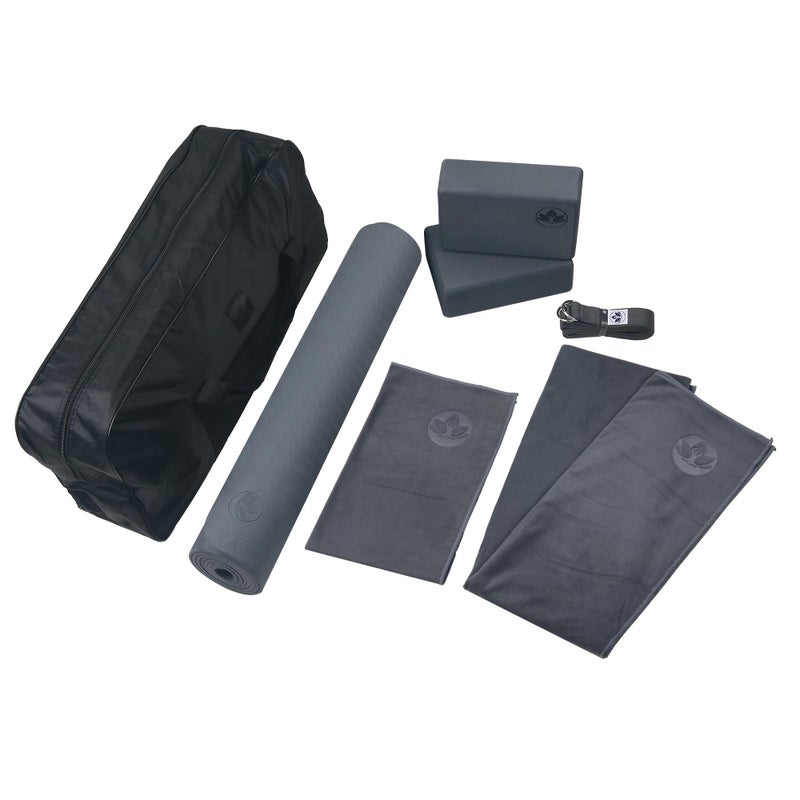 Clever Yoga 7-Piece Yoga Kit for Women & Men - 6mm Cushioned Non-Slip Mat, 2 Foam Blocks, 8ft Strap, Microfiber Mat & Hand Towels, Carrying Bag, Starter Set for Home Workouts, Yoga Set - Gray - Image 3