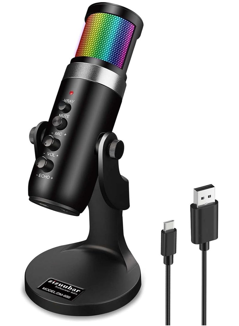 USB Microphone Desktop, Podcast Microphone, PC Gaming Mic, Perceptible Noise Reduction RGB Lighting, Streaming Recording Vocals Voice Overs, Compatible with Computer Mac/Linux/Ps4 - Image 1