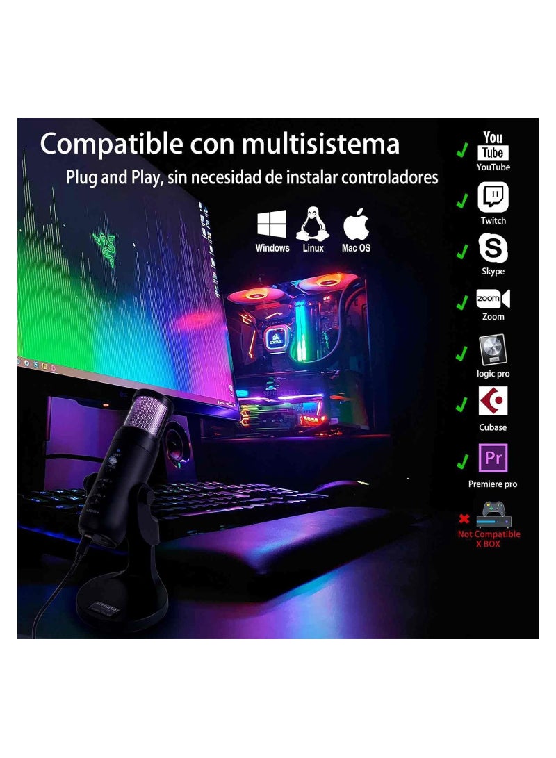 USB Microphone Desktop, Podcast Microphone, PC Gaming Mic, Perceptible Noise Reduction RGB Lighting, Streaming Recording Vocals Voice Overs, Compatible with Computer Mac/Linux/Ps4 - Image 2