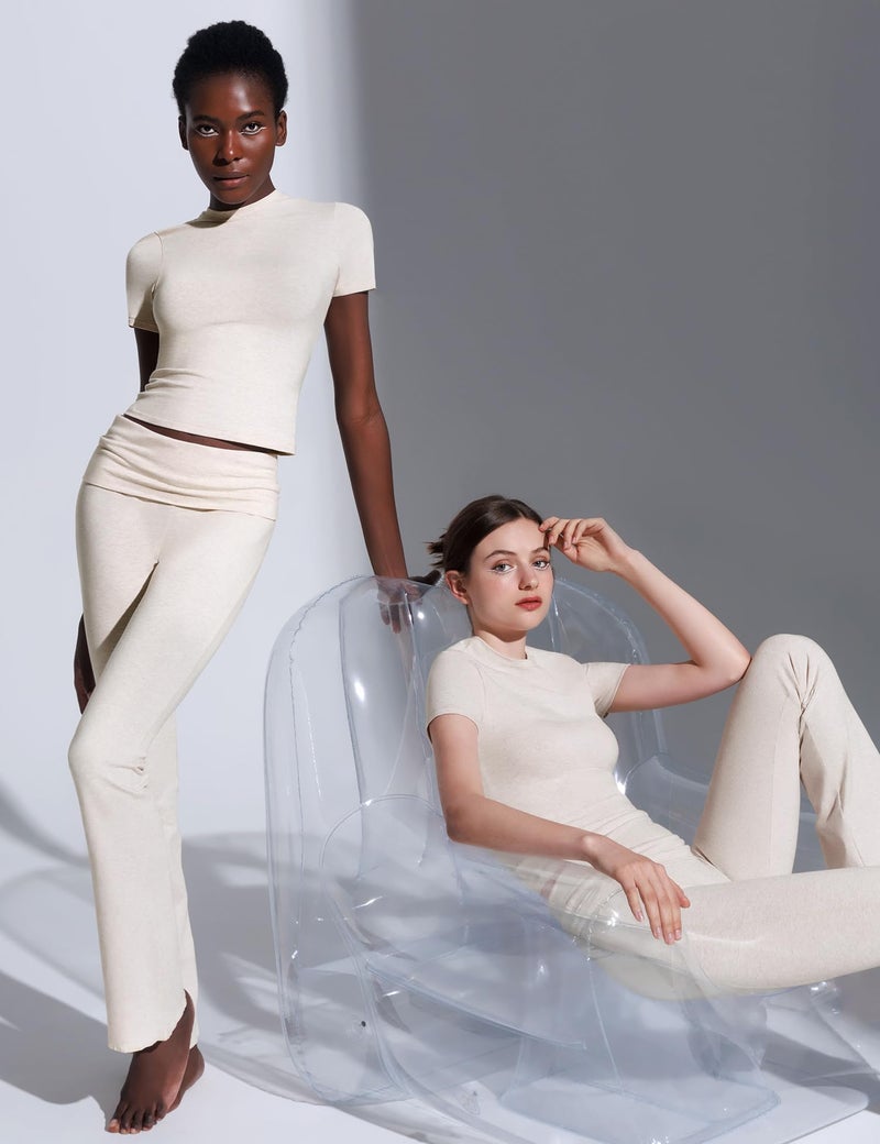 PUMIEY Lounge Sets for Women Two Piece Sets Fold-Over Flare Pants Crew Neck Short Sleeve T-shirts Loungewear Tracksuit, Heather Oatmeal Small - Image 5