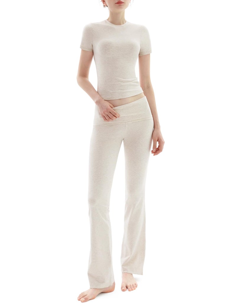 PUMIEY Lounge Sets for Women Two Piece Sets Fold-Over Flare Pants Crew Neck Short Sleeve T-shirts Loungewear Tracksuit, Heather Oatmeal Small - Image 1