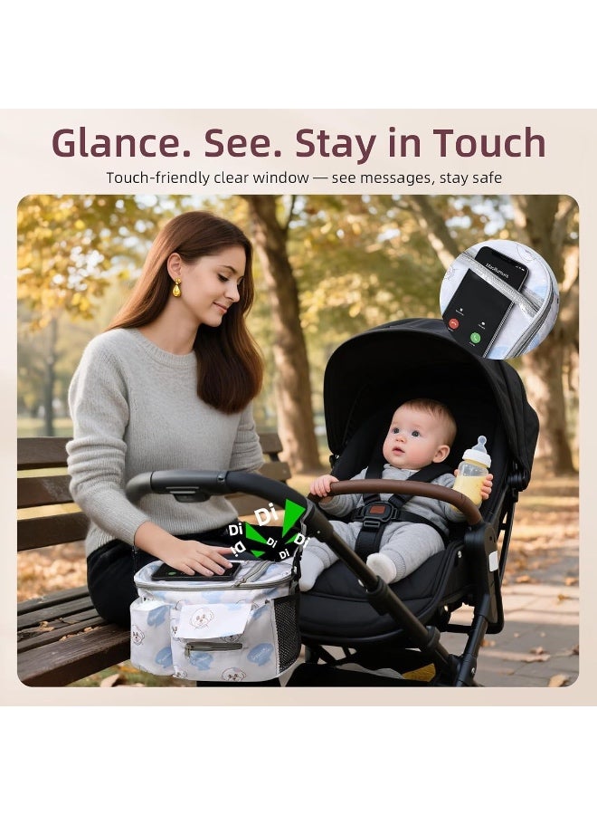 منظم عربة أطفال عالمي مع حامل أكواب، حقيبة حفاضات صغيرة مع جراب مقاوم للماء للهاتف وحزام قابل للتعديل، محفظة حفاضات لعربة الأطفال، منظم حفاضات صغير للأمهات، يناسب معظم عربات الأطفال - Image 2