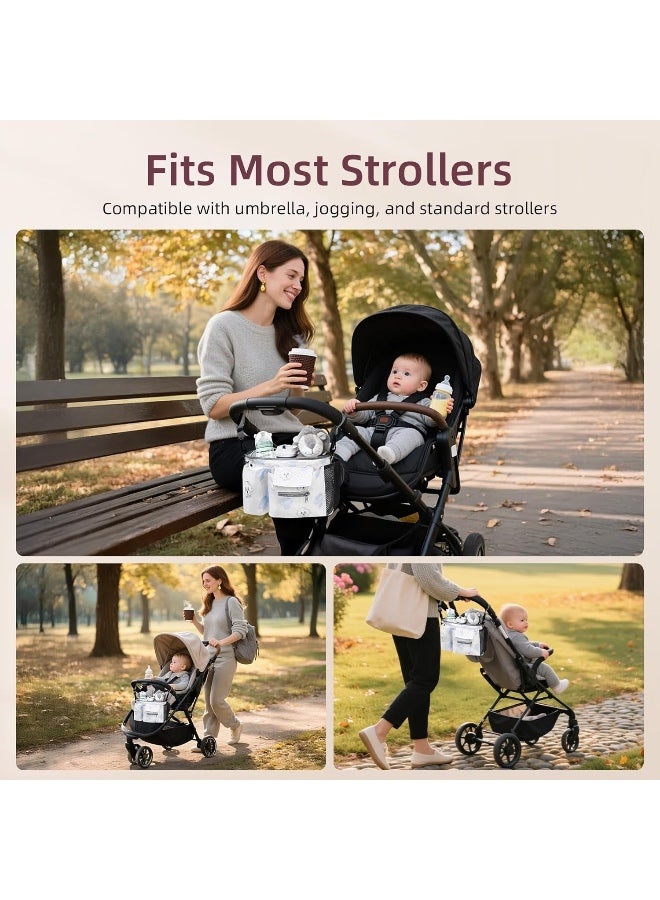 منظم عربة أطفال عالمي مع حامل أكواب، حقيبة حفاضات صغيرة مع جراب مقاوم للماء للهاتف وحزام قابل للتعديل، محفظة حفاضات لعربة الأطفال، منظم حفاضات صغير للأمهات، يناسب معظم عربات الأطفال - Image 5