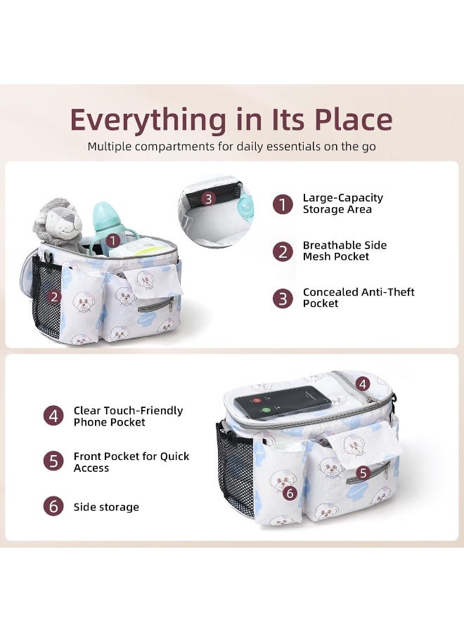 منظم عربة أطفال عالمي مع حامل أكواب، حقيبة حفاضات صغيرة مع جراب مقاوم للماء للهاتف وحزام قابل للتعديل، محفظة حفاضات لعربة الأطفال، منظم حفاضات صغير للأمهات، يناسب معظم عربات الأطفال - Image 3